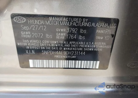 2013 Hyundai Elantra Gls z USA, uszkodzony, nr VIN 5NPDH4AE9DH231144